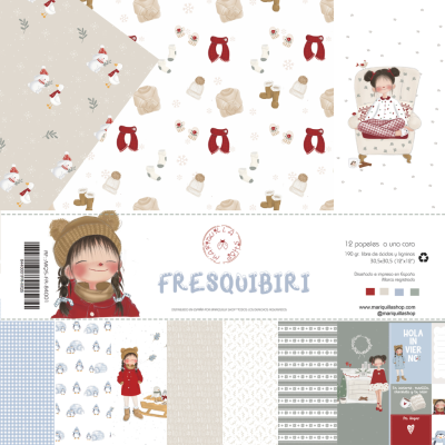 Padrões infantis para tecidos com ilustrações de boneca, boneco de neve, roupas de inverno e textos em várias cores