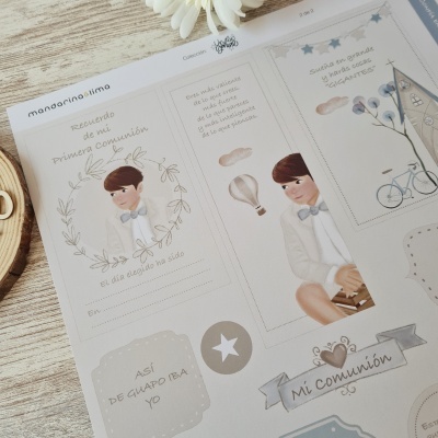 Folha decorativa de Primeira Comunhão com ilustrações de menino e símbolos religiosos em tons pastel.