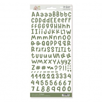 Autocolantes de letras e números verdes em folha branca com cabeçalho