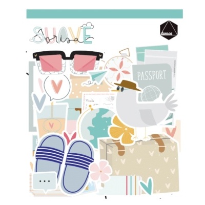 Desenhos coloridos de verão com chinelos, óculos de sol, passaporte, pássaro e elementos decorativos.