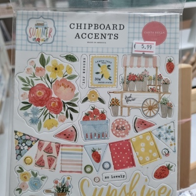 Conjunto de autocolantes chipboard coloridos com temas florais e de frutas numa embalagem transparente