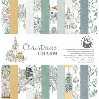 Papel decorativo natalício Christmas Charm P13 com vários padrões festivos em verde, dourado e cinza