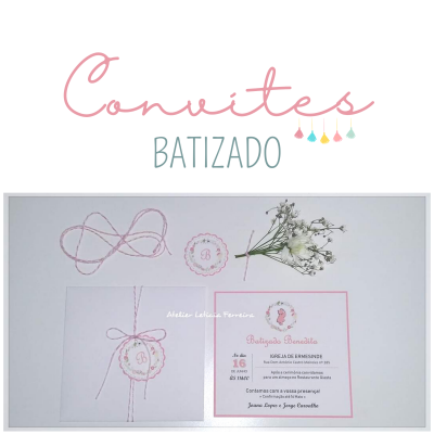 convite batizado envelope branco cordão rosa ramo flores