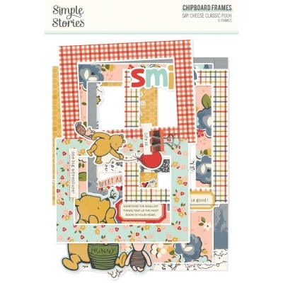Pacote de molduras de chipboard Simple Stories Say Cheese Classic Pooh com desenhos do ursinho Pooh e padrões florais e xadrez