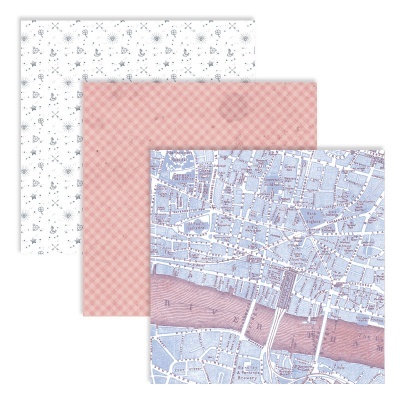 Conjunto de três folhas de papel decorativo com diferentes padrões, incluindo mapa, xadrez e desenhos de fadas.