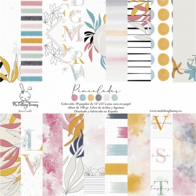 Conjunto de 18 papéis decorativos com padrões abstratos e cores suaves em layout amostral