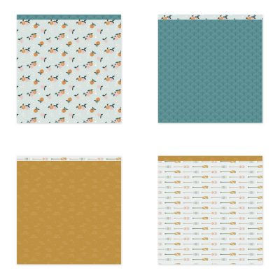 Quatro folhas de papel decorativo com padrões coloridos