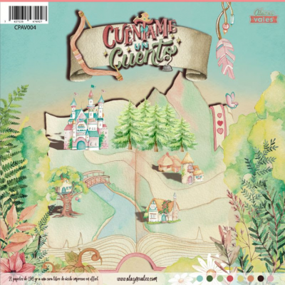 Capa ilustrada de livro 'CUÉNTAME UN CUENTO' com castelo, árvores e casas pequenas