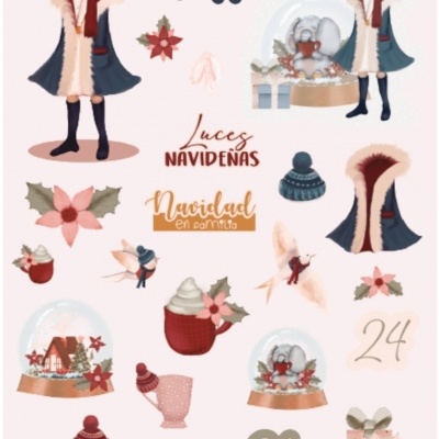 Ilustrações natalícias com rapariga, flores, presentes, copos e texto em espanhol