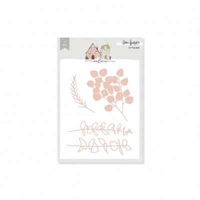 Carimbos para scrapbooking com desenhos de raminhos e folhas em embalagem com ilustração de casas