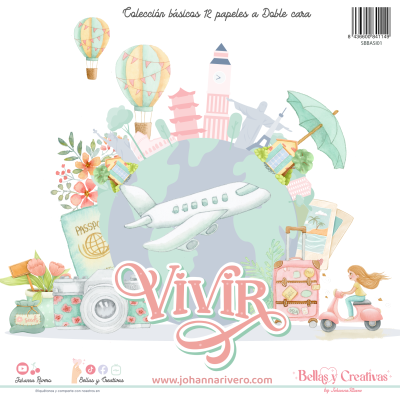 Papéis decorativos dupla face com tema de viagem e elementos como avião, monumentos, flores e scooter