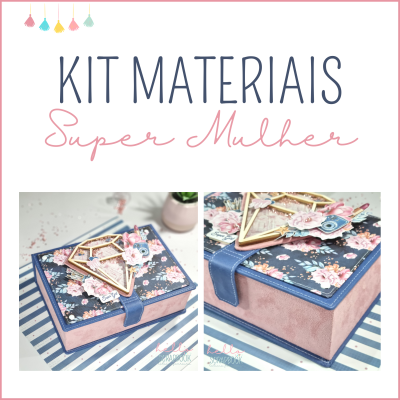 Caixa decorativa azul e rosa com padrão floral e enfeite geométrico dourado