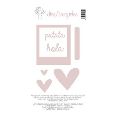 Conjunto de troqueles de corte rosa com formas quadrado, retângulo e corações e texto patata hola