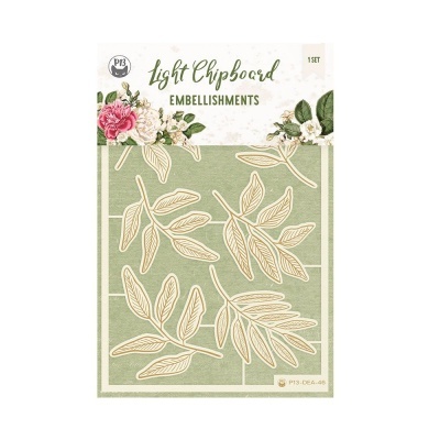 Enfeites em chipboard em forma de folhas com embalagem floral