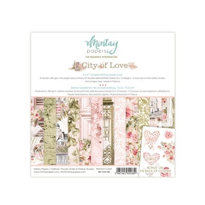 Papel decorativo floral 'City of Love' com padrões rosa e verde, embalagem quadrada com texto explicativo.