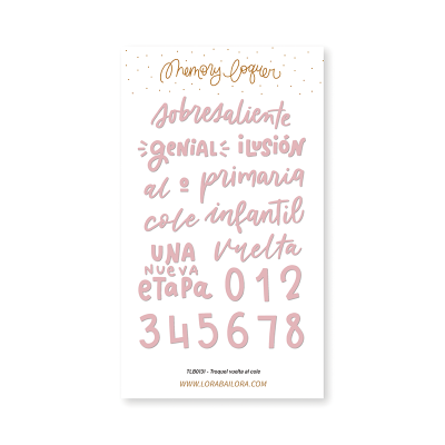 Adesivos em tons rosa e bege com palavras em espanhol e números, para memórias escolares.