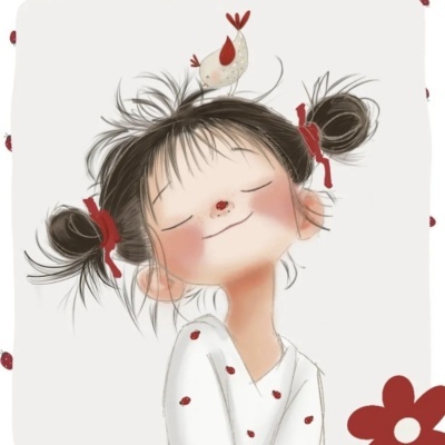 Ilustração de menina sorridente com laços vermelhos e pássaro na cabeça