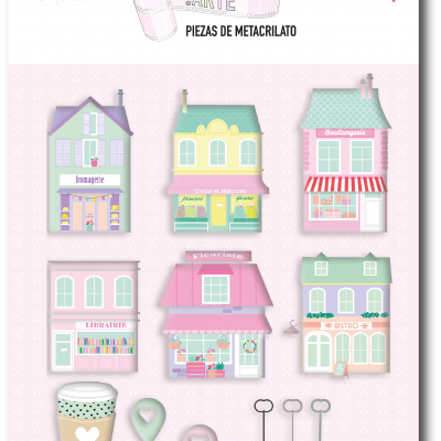 Peças decorativas de metacrilato com fachadas de lojas coloridas e objetos diversos