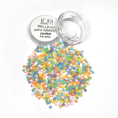 Frasco transparente com tampa branca e confeti colorido espalhado