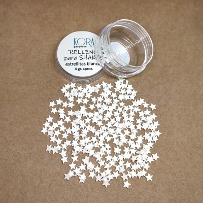 Frasco pequeno transparente com estrelas brancas pequenas e tampa branca rotulada