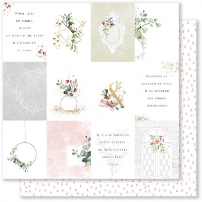 Papel decorativo com quadrados florais, molduras e texto em francês, padrão de triângulos cor-de-rosa no verso.