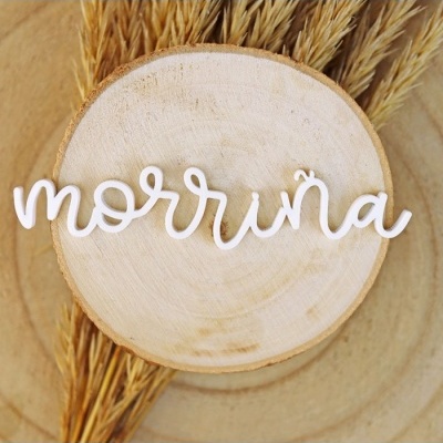 Palavra decorativa morrinha em letras brancas sobre tronco de madeira e espigas de trigo