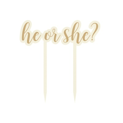 Topo de bolo 'he or she?' em acrílico creme com texto dourado claro