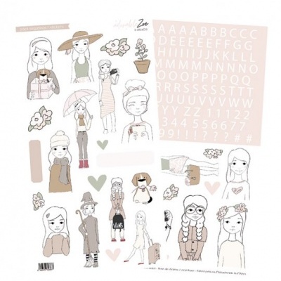 Ilustrações de raparigas, flores, corações e letras em tons pastel