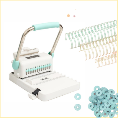 Máquina de encadernar branca com alça azul turquesa e acessórios