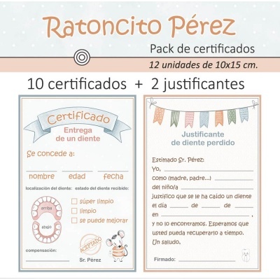 Pack de certificados do Ratóncito Pérez com 10 certificados de entrega de dente e 2 justificantes de dente perdido com espaços para preencher