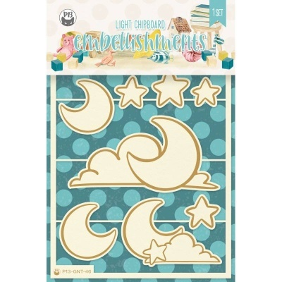 Embellishments chipboard com formas de luas, estrelas e nuvens em embalagem com fundo azul e texto decorativo