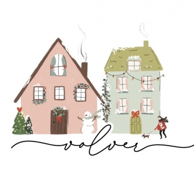 Ilustração de casas festivas de Natal com decoração e texto volver