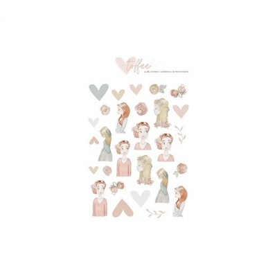 Autocolantes decorativos de mulheres, corações e flores em tons pastel com texto 'Toffee'.