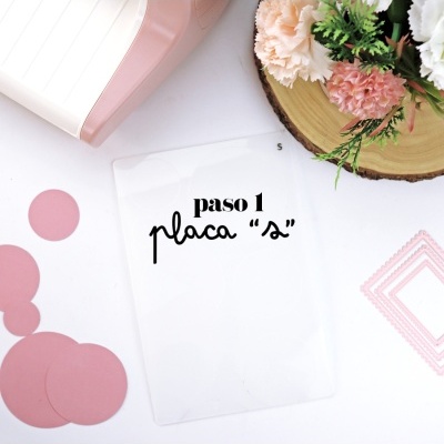 Placa transparente com texto em preto, círculos e moldura rosa, flores e descanso de madeira