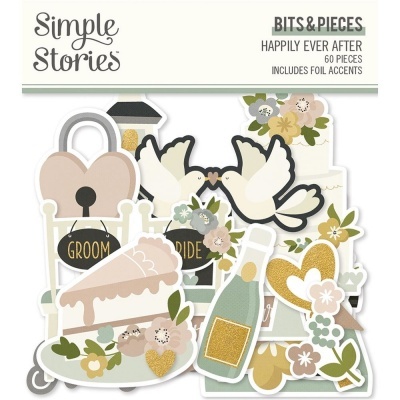 Conjunto decorativo para scrapbooking com temas de casamento em cores pastel e dourado