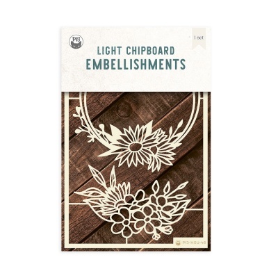 Embellishments de chipboard leve com padrões florais em embalagem