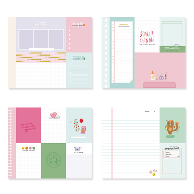 Folhas de caderno coloridas com áreas para notas, listas e desenhos, com textos em espanhol e cores pastel.