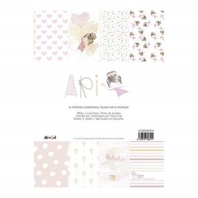 Bloco de cartão impresso com vários padrões e ilustrações delicadas em tons pastel.