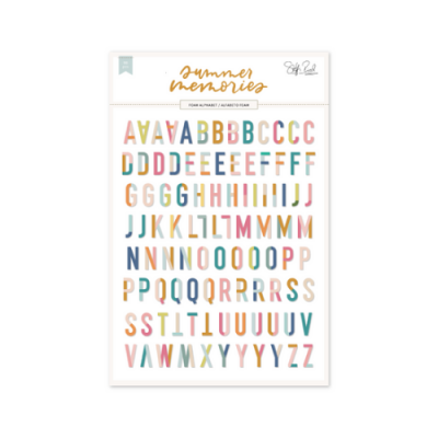 Folha de autocolantes de letras coloridas em tons pastel e texto 'summer memories' no topo