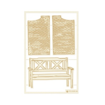 Modelo de papel com padrão de tijoleira e banco de madeira castanha clara