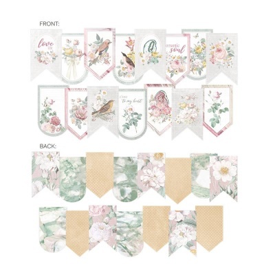 Bandeirolas decorativas com flores, pássaros e frases em inglês, padrão de poás no verso