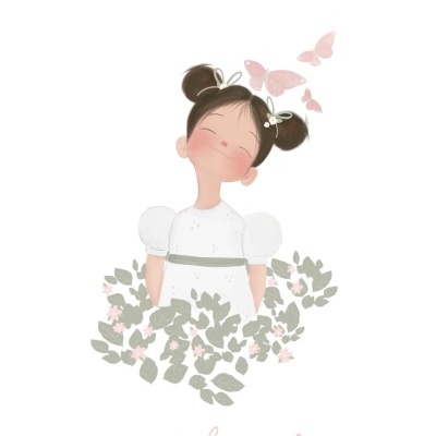 Desenho de menina com vestido branco e borboletas cor-de-rosa