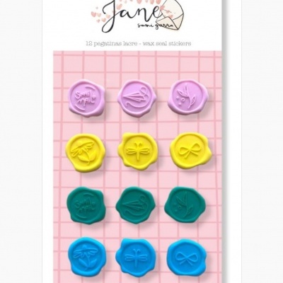 Pacote de autocolantes de cera coloridos com desenhos variados em fundo rosa quadriculado