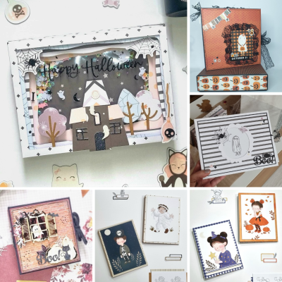 Cartões e caixas decorativas de Halloween com temas de fantasia e cores laranja, preto, branco e bege