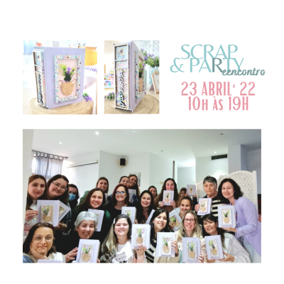 Álbum de scrapbook lilás decorado em capa e pessoas segurando os álbuns em grupo