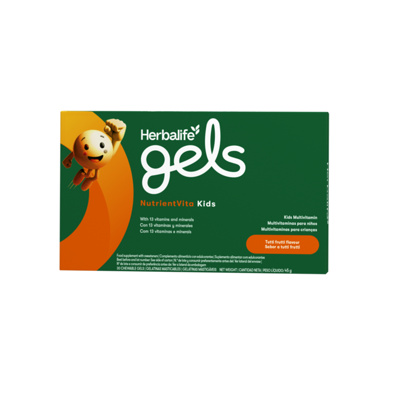 NutrientVita Kids Herbalife Gels Tutti Frutti 30 gelatinas mastigáveis Caixa verde e laranja de suplementos Herbalife Gels Nutrient Vita Kids
