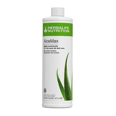 Frasco branco de Herbalife Nutrition AloeMax com imagem de folhas de aloé vera