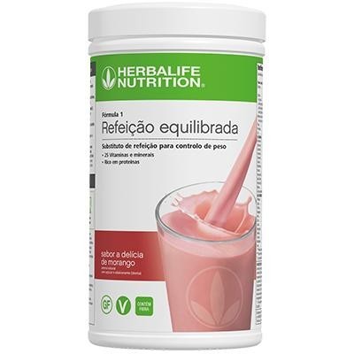 Pote branco de suplemento Herbalife Nutrition fórmula 1 com bebida rosa sabor morango