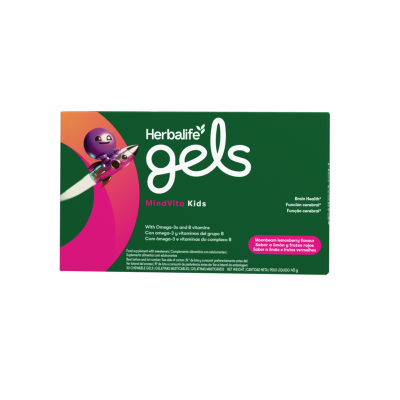 Caixa verde e rosa de Herbalife Gels MindVita Kids com texto informativo