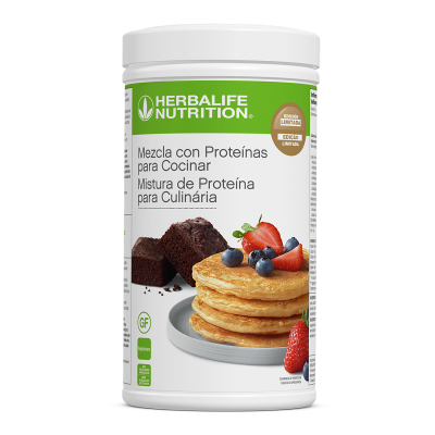 Frasco de mistura de proteína para culinária da Herbalife Nutrition com imagem de panquecas e brownies